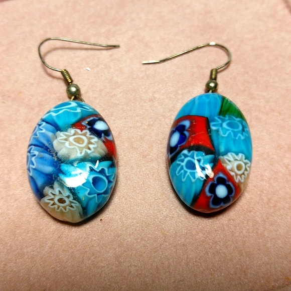 Vintage Unique Multi Color Oval Cabochon Earrings Silver French Wires - Picture 2 of 8